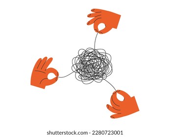 Hand drawn illustration of three hands pull on tangled threads. Flat vector solve a difficult problem, help with negative emotions concept in doodle style. Solution, answer sticker or print. Isolated.