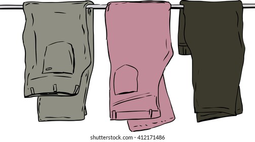 Hand drawn illustration of three pairs of folded jeans and pants over white background