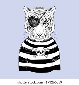 Hand drawn illustration of tiger pirate in black and white isolated on light background