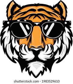 Hand Drawn Illustration Of A Tiger's Head Wearing Sunglasses