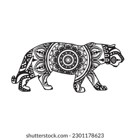 hand drawn illustration of an tiger.Vector animal mandala coloring page for adult