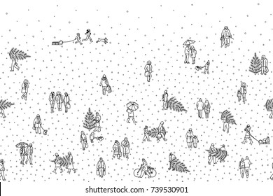 Hand drawn illustration of tiny pedestrians walking in winter through the city: small people wearing warm winter coats and carrying Christmas trees. Seamless banner, can be tiled horizontally