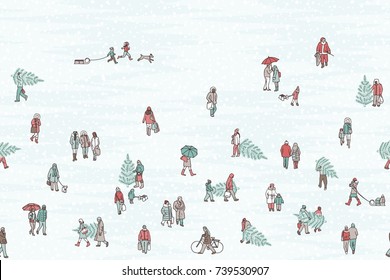 Hand drawn illustration of tiny pedestrians walking in winter through the city: small people wearing warm winter coats and carrying Christmas trees. Seamless banner, can be tiled horizontally