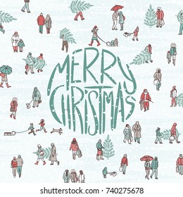 Hand drawn illustration of tiny pedestrians walking in winter through the city, with big letters saying "Merry Christmas"