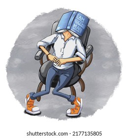 Hand Drawn: Illustration of a tired looking man sitting in a work chair, on his face covered by a thick blue book called I am success man
