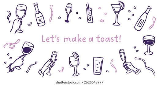 Hand drawn illustration of a toast at a party. Celebrating holidays and anniversaries. Cocktails and glasses of liquor.