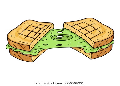 Dibujado a mano ilustración de pan tostado con queso derretido verde pegajoso. Bocadillo festivo creativo para la celebración de vacaciones.