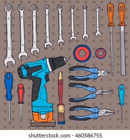 Hand drawn illustration tools for building and repair on the wall vector