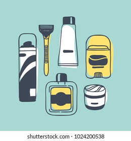 Hand drawn illustration tools for shaving. Creative ink art work. Actual vector male drawing 