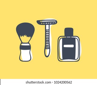 Hand drawn illustration tools for shaving. Creative ink art work. Actual vector barbershop drawing 