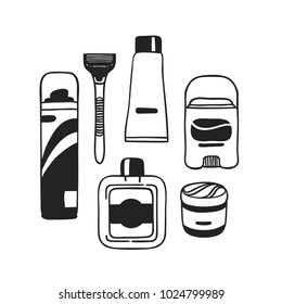 Hand drawn illustration tools for shaving. Creative ink art work. Actual vector male drawing 