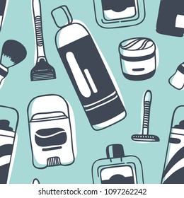 Hand drawn illustration tools for shaving. Creative ink art work. Actual vector male seamless pattern
