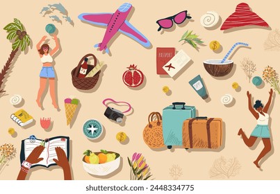 Hand drawn illustration with tourist stuff set, vacationing people, travel and tourism. Color flat vector illustration isolated on white background
