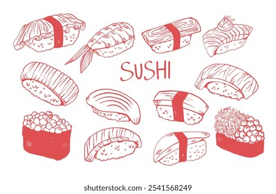 Mão desenhada Ilustração Tradicional Japonês Sushi Line Art Set, Sushi Vetor Art Isolado, Comida Asiática Para Menu Restaurante. Conceito para logotipo, menu. cartões, impressão