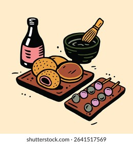 A hand drawn illustration of traditional Japanese desserts including dorayaki, mochi, dango skewers, and matcha tea with a whisk. The composition is arranged in a charming cartoon style