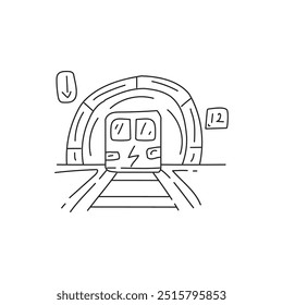 Ilustração desenhada à mão de um comboio que entra num túnel de metrô