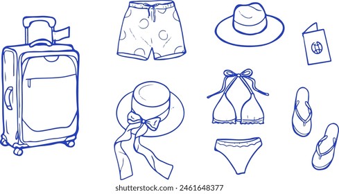 Hand drawn illustration of travel essentials including suitcase, swimwear, hat, and flip-flops. Simple outline style. Summer vacation and travel concept for design and print.