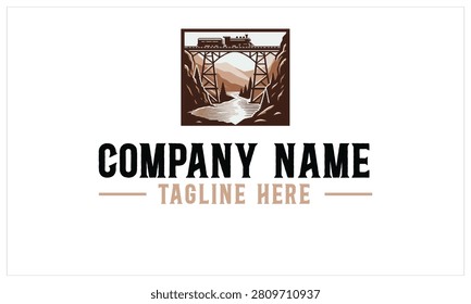 Hand drawn illustration of a trestle bridge with mountains and river. A train on  atrestle bridge logo templae. A typographic logo template featuring trestle bridge, train, mountain, trees, and river on a white background