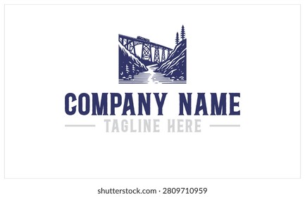  Hand drawn illustration of a trestle bridge with mountains and river. A train on  atrestle bridge logo templae. A typographic logo template featuring trestle bridge, train, mountain, trees, and river on a white background
