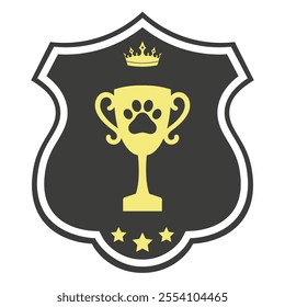 Hand drawn illustration of trophy cup with paw print and crown. Pet award on white background.