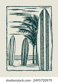 Ilustración dibujada a mano de una playa tropical con tablas de surf. Arte con líneas simples y libres.