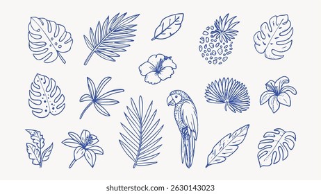 Hand drawn illustration of tropical leaves flowers and a wild animal perfect for adding a vibrant exotic touch to your designs