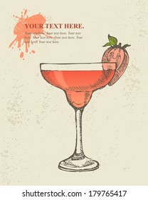 Hand drawn illustration of tropical red cocktail with strawberry.