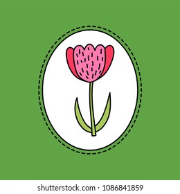 Hand drawn illustration of tulip flower. Illustration in round frame
