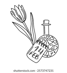 Hand drawn illustration of a tulip, love potion bottle with hearts, and a calendar February 14. Line art style. Suitable for Valentines Day cards, posters, prints, coloring pages, and decorations