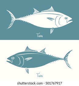 Hand Drawn Illustration of a Tuna, Thunnus, positive and negative
