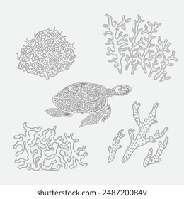 Hand drawn illustration of turtle and coral reef collection for coloring page