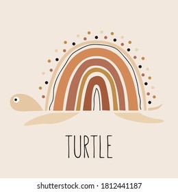 Hand drawn illustration of the turtle with rainbow