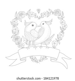Hand drawn illustration of two birds with a wreath. EPS 10. No transparency. No gradients.