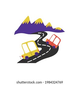 Hand drawn illustration with two cars, road and mountains. Travelling concept. Adventure time.