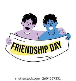 Hand drawn illustration of two characters holding friendship day banner