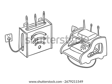 Hand drawn illustration of two creative household devices styled as Wi-Fi routers. Concept of smart technology, internet connectivity and modern digital lifestyle