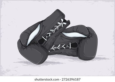 Ilustración dibujada a mano de dos guantes de boxeo profesionales negros cruzados con cordones blancos sobre un fondo texturizado claro