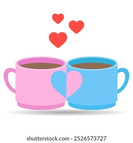 Dibujado a mano ilustración de dos tazas de café con corazones sobre fondo blanco.