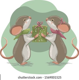 Hand drawn illustration of two cute mouse with present. Holiday greeting card illustration. 