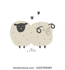 Hand drawn illustration of two cute sheep isolated on white background. Pastoral scene vector illustration