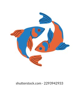 Dibujo manual de dos peces aislados en fondo blanco. Signo de zodiaco astrológico Pisces.