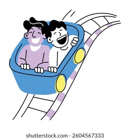Hand drawn illustration of two friends enjoying roller coaster ride