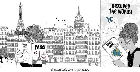 Hand drawn illustration of two girls reading tourist guides, with the skyline of Paris in the background