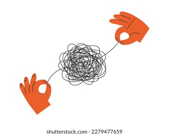 Hand drawn illustration of two hands pull on tangled threads. Flat vector solve a difficult problem, help with negative emotions concept in doodle style. Solution, answer sticker or print. Isolated.