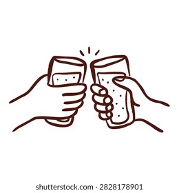 Hand drawn illustration of two hands clinking beer glasses