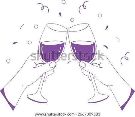 Hand drawn illustration of two hands clinking wine glasses with confetti and celebration vibes. Festive doodle design for party, holiday, or romantic toast. Minimal outline style art.