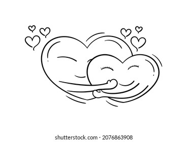 ilustración dibujada a mano de dos corazones abrazándose sobre fondo blanco