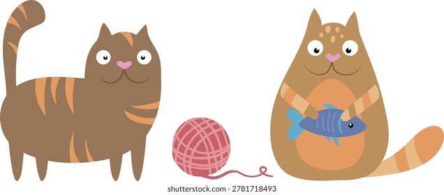 Hand drawn illustration with two playful domestic cats, yarn ball and fish on light background. Decorative pet artwork for nursery design, stickers, scrapbook, printable projects and animal themed decor