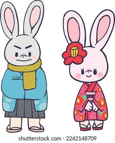 Handgezeichnete Illustration von zwei Kaninchen in Kimono