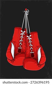 Hand drawn illustration of two red boxing professional gloves hanging from ropes with laces and pins on a dark textured background